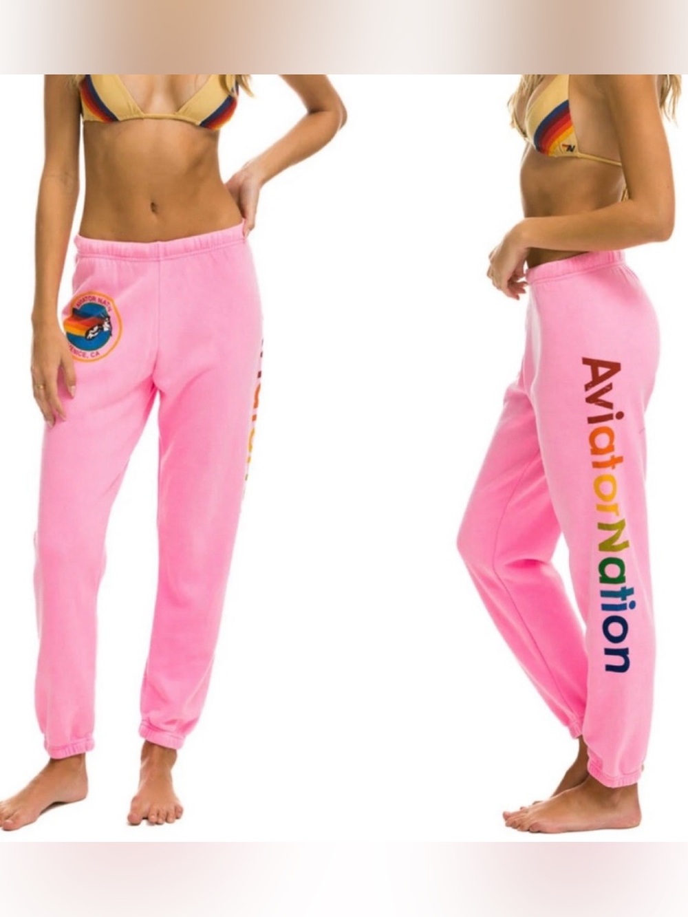 Aviator Nation Pink Sweatpants with Rainbow Side Logo